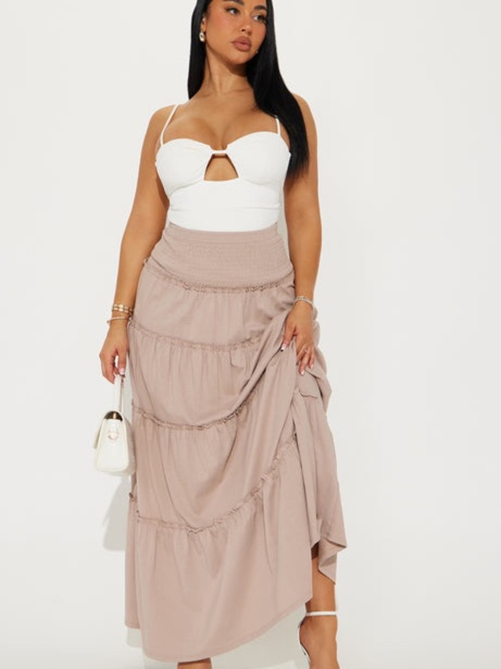100% cotton Clementine Tiered Maxi Skirt - Taupe